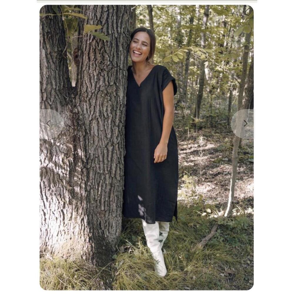 Anthropologie Laude The Label Black Cotton Kaftan‎ Midi Dress Cap V-Neck M/L
